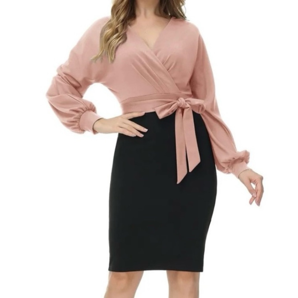 New Large Women Grace Karin blush and black wrap dress features long sleeves